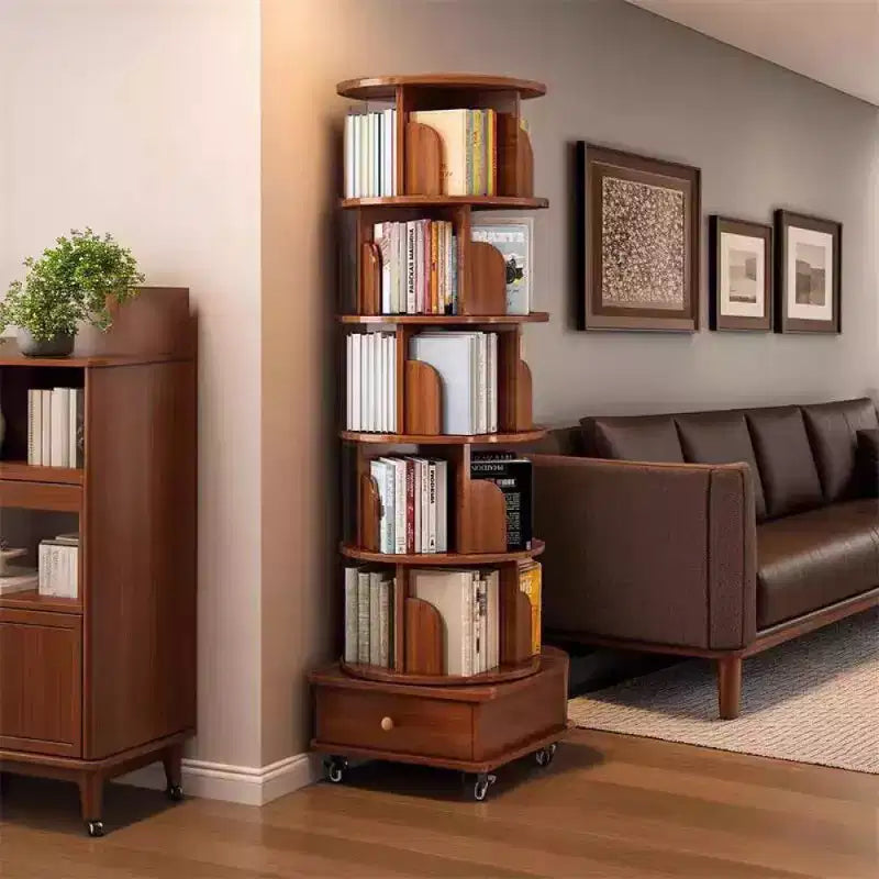 Chic Crate 6-Tier 360 Rotating Corner Bookshelf with Wheels, Narrow Bookcase for Small Spaces  Walnut Brown