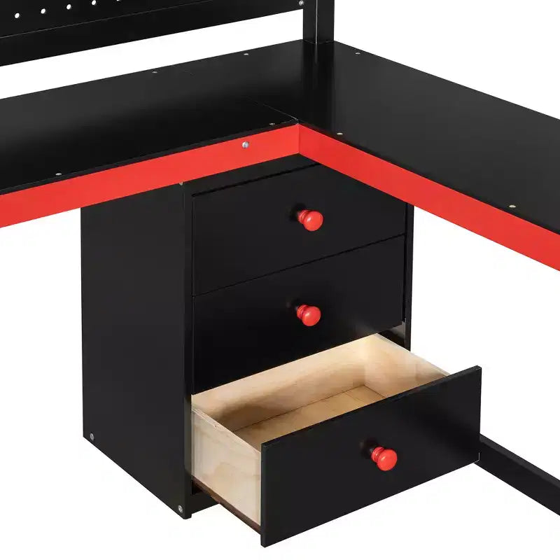 GDFStudio Scott Wooden Gaming Loft Bed with Storage Stairs, Desk, Shelves & Pegboard