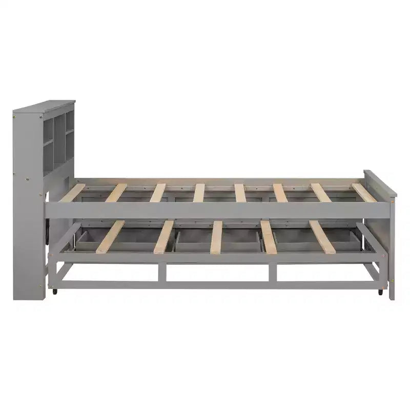 Platform Bed with Trundle and Drawers, Storage Platform Bed with USB, Wood Platform Bed with Bookcase