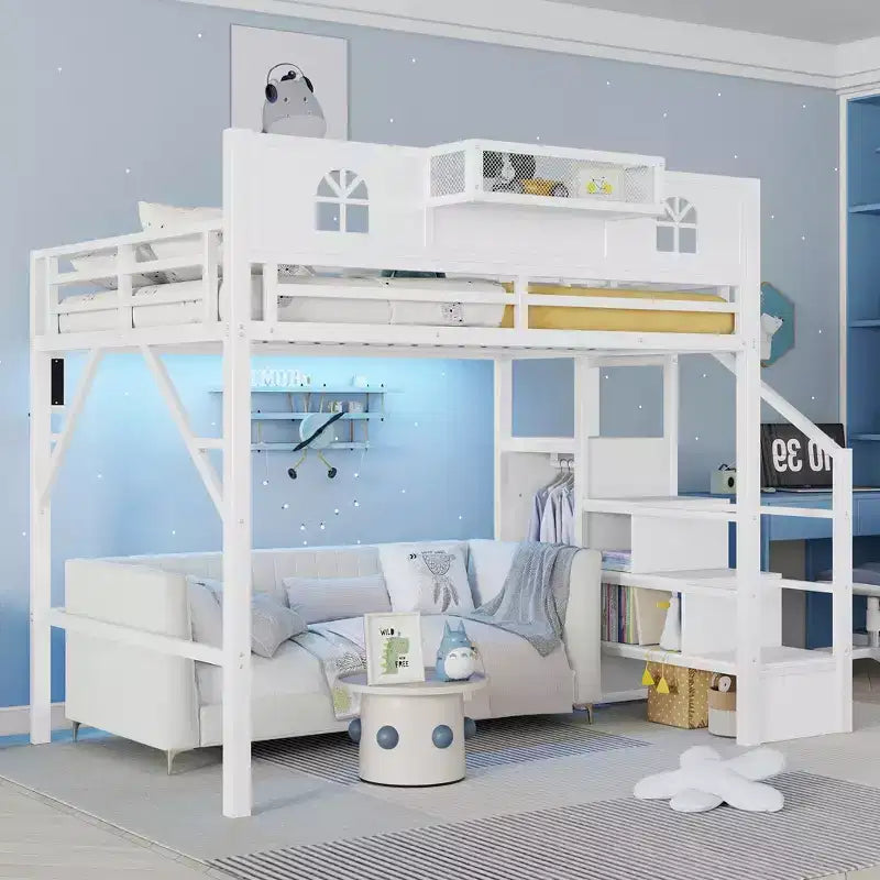 ModernLuxe Full/Queen Loft Bed with Stairs & Built-in Wardrobe, Metal Bed Frame with LED Lights, USB Charging Station & Storage Shelves