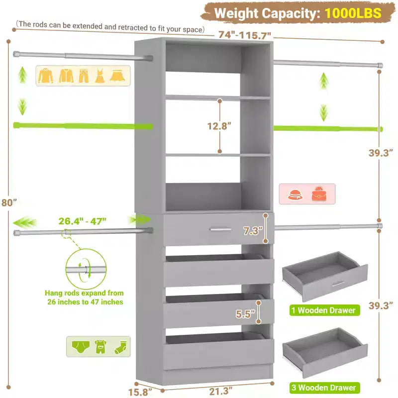 Besiost 4-9 Ft Wooden Closet Organizer System with 4 Drawers, 4 Hanging Rods & Shelving Towers