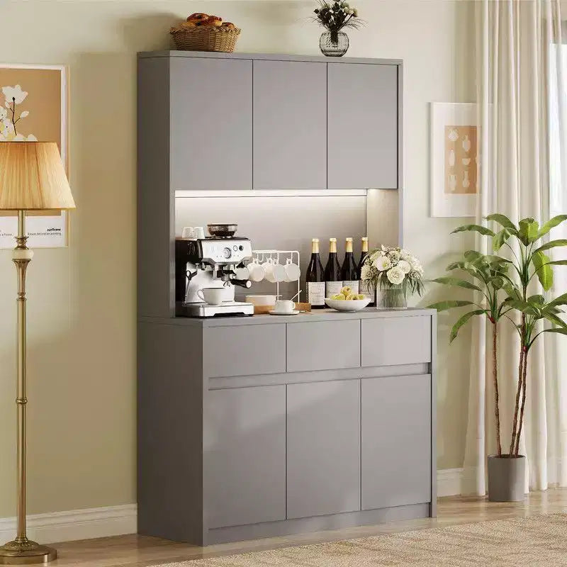 71 inch Kitchen Pantry Cabinet, Hutch Storage with Led Lights and Power Outlets, Buffet Cabinet with Microwave Stand, Adjustable Shelves