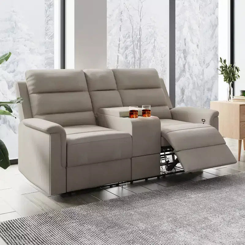 Beige/Gray Tech Fabric Reclining Loveseat Sofa, 2-Seat, Adjustable Backrest & Footrest