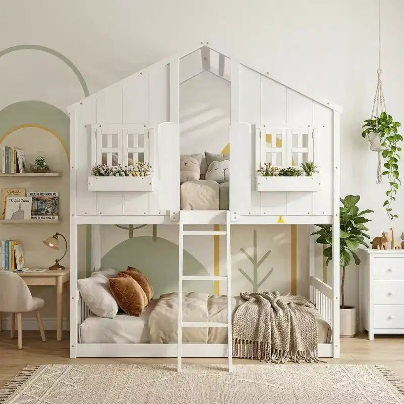 Twin Size House-Shaped Loft Bed, Wood Playhouse Loft Bed with Ladder & Guardrails for Kids