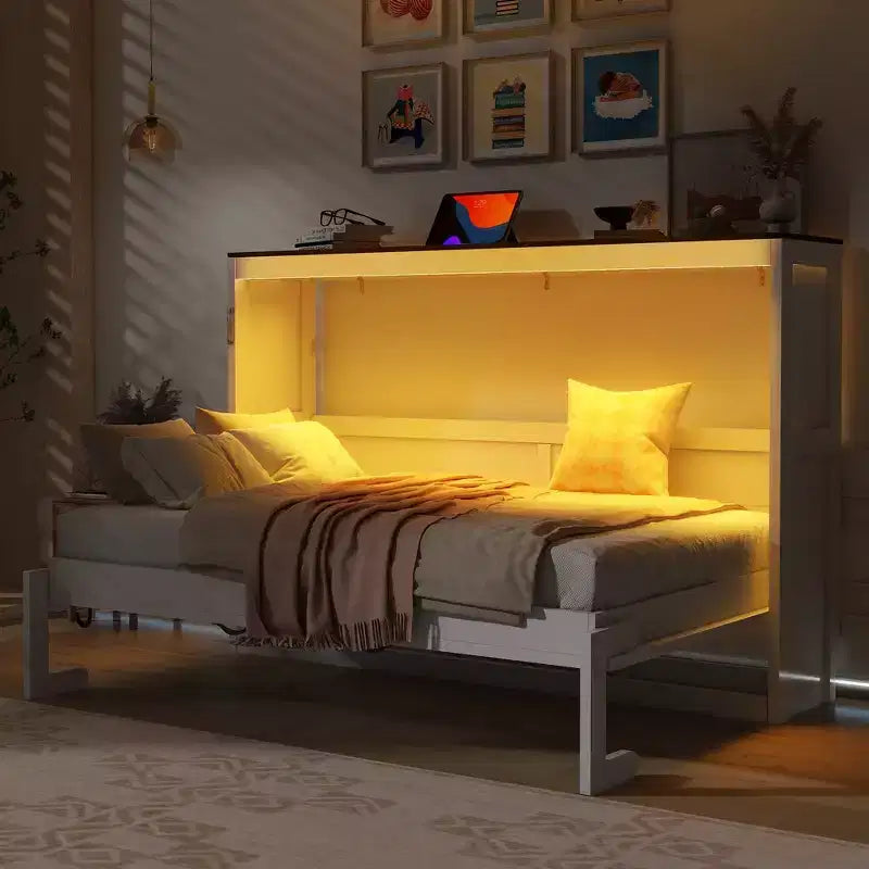 Twin Size Murphy Bed with LED Light, can be Folded into a Cabinet, Hidden Wall Bed Cabinet for Guest Room