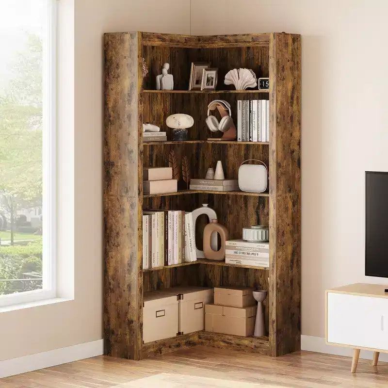 Black/White/Wood/Retro, L-Shaped Corner Bookshelf, 5-Tier, Single