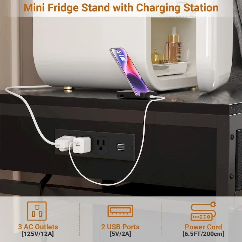 Mini Fridge Stand with Charge Station, Side/ End Table with Storage Drawers and Rolling Cabinet