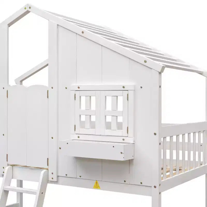 Twin Size House-Shaped Loft Bed, Wood Playhouse Loft Bed with Ladder & Guardrails for Kids