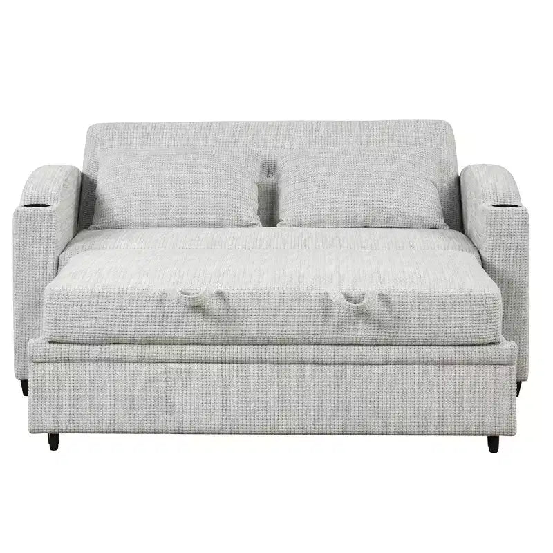 61.6 Modern Chenille Convertible Sofa Bed with USB Ports, Cup Holders & Adjustable Backrest for Living Room, Apartment