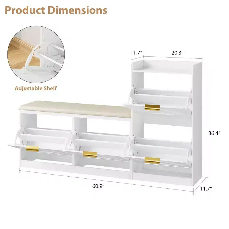 Shoe Storage Bench with 5 Flip Drawers & Tiered Shelf, 18-Pair Shoe Cabinet Organizer with Cushioned Seat, Narrow Entryway Shoe Rack for Hallway