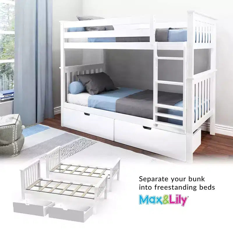 Solid Wood Twin over Twin Bunk Bed for Kids with Underbed Storage Drawers