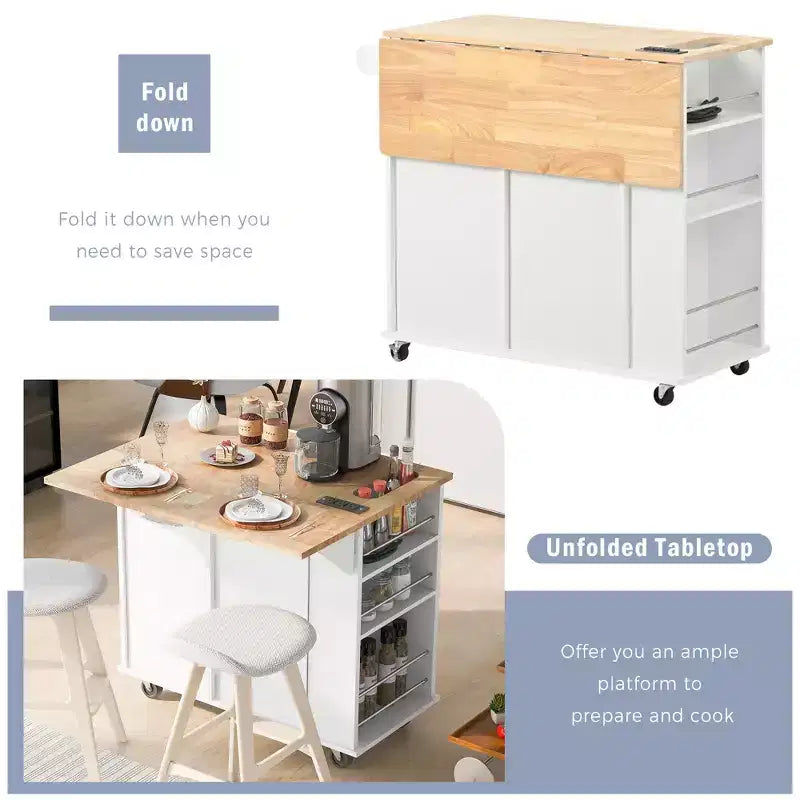 Movable Kitchen Island with Power Outlet, Drop Leaf and Rubber Wood Top