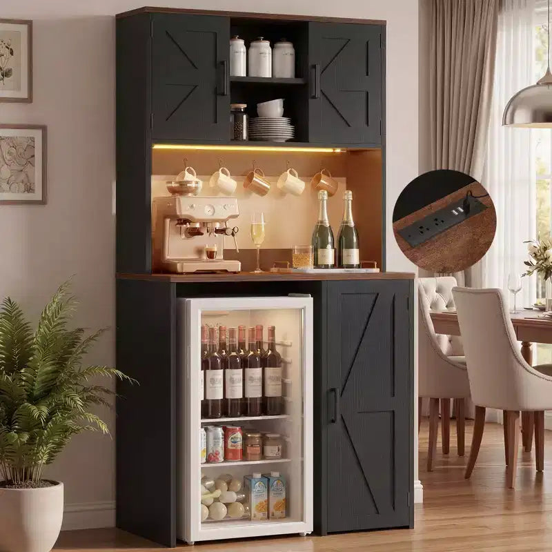 Besiost Kitchen Pantry Cabinet with Mini Fridge Space, Coffee Bar Cabinet with Storage Shelf
