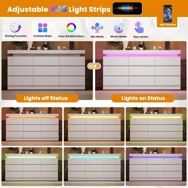 9 Drawer Dresser for Bedroom, Chest of Drawers with Charging Station & LED Lights, Double Wooden Closet Storage Cabinet, Modern Dresser TV Stand