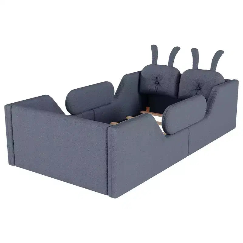 Whisen Twin Platform Bed, Kids Floor Upholstered Bed Frame with Rabbit Cushion, Removable Side Rails