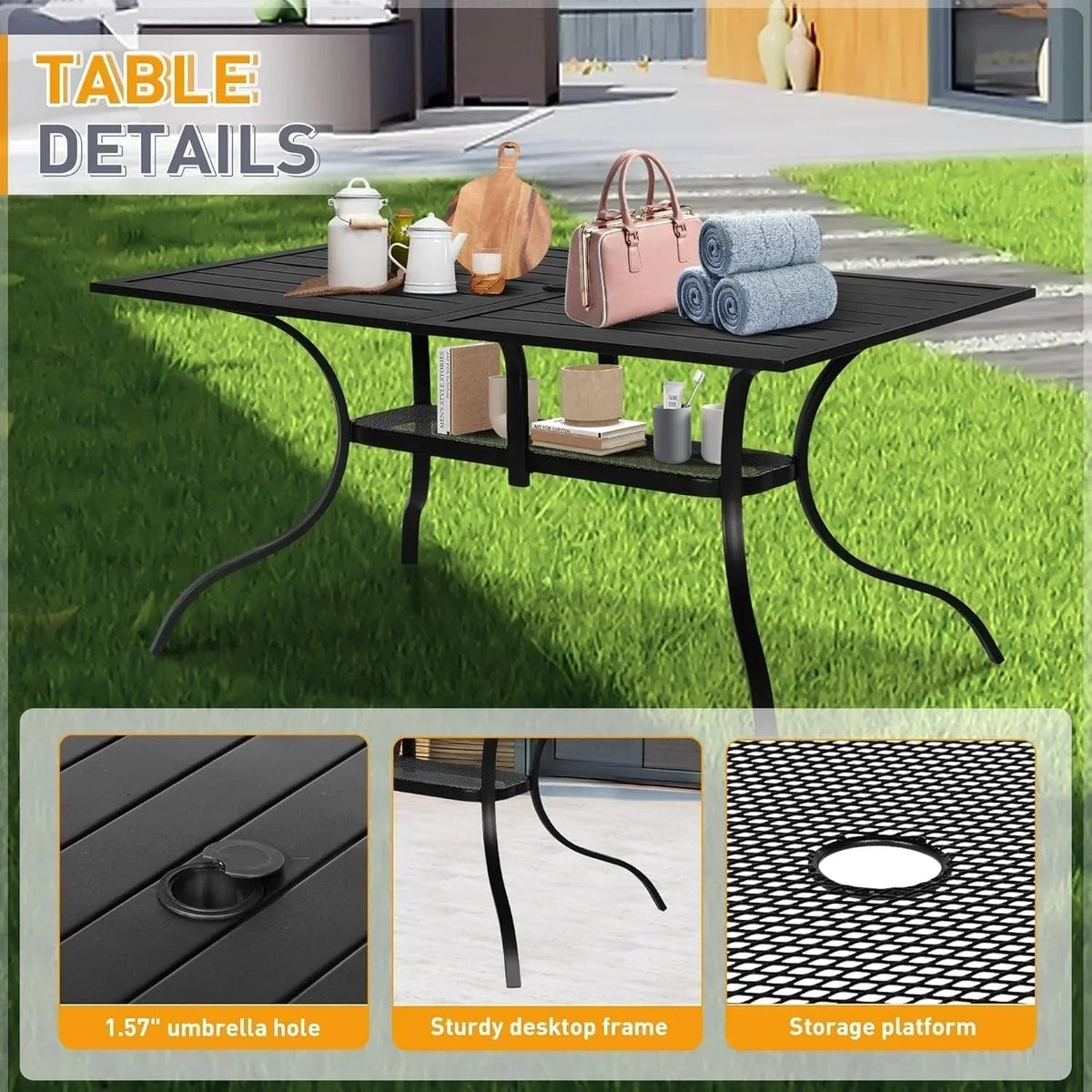SUNCROWN Outdoor Patio 5/7 Piece Steel Dining Sets Metal Slatted Table and Stackable Chairs Powder Coated Frame