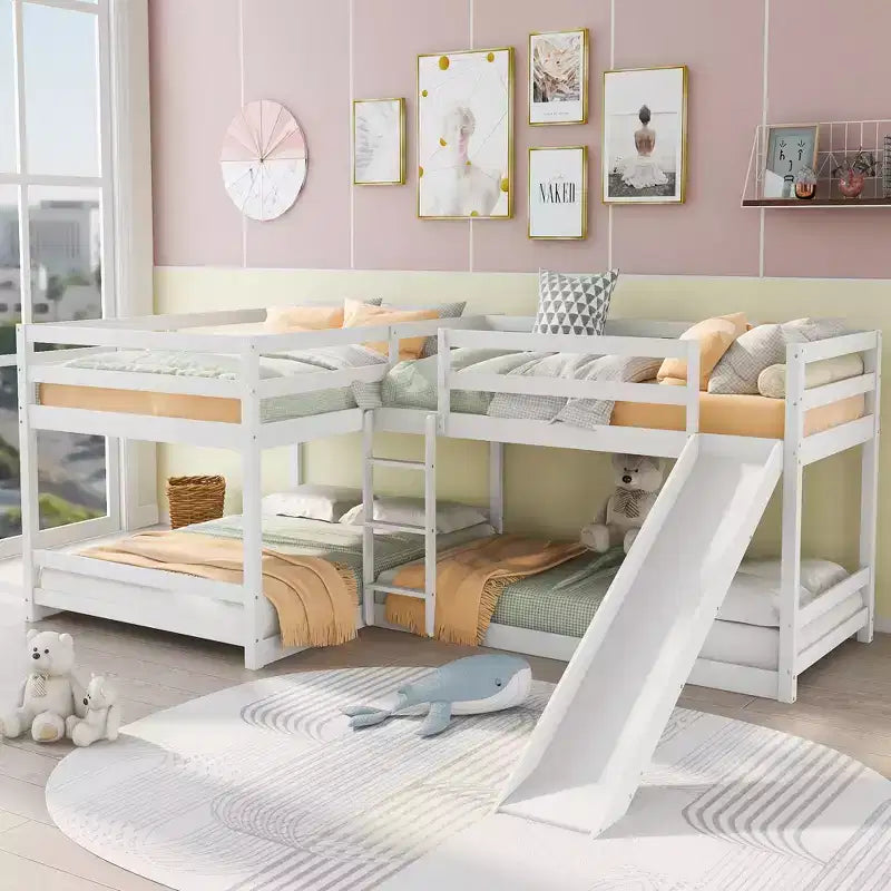 L Shaped Bunk Bed for 4 Kids, Quad Bunk Bed with Slide Full and Twin Wood Bunk Frame for Bedroom Dorm