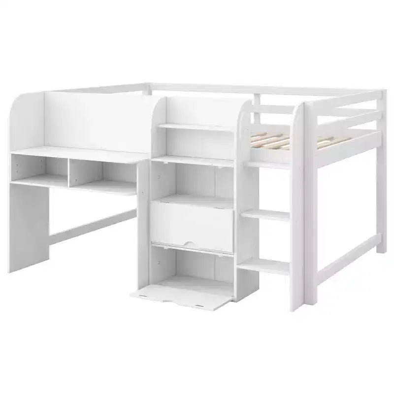 Pink/White Low Loft Bed with Desk, Storage & Whiteboard – Twin, 1-Person