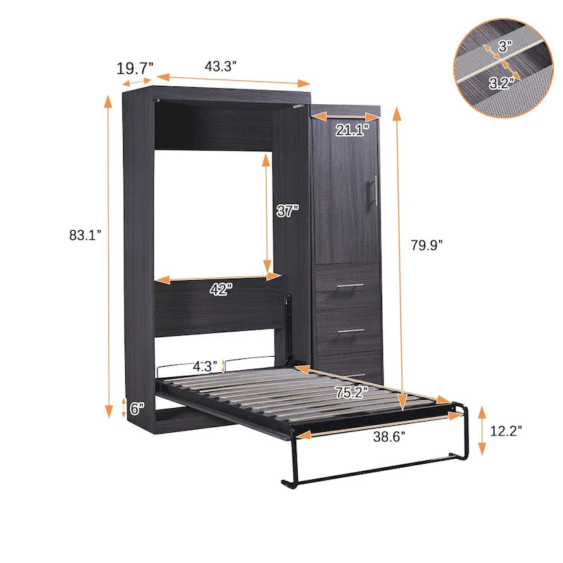 Gray Foldable Murphy Bed with Wardrobe & 3 Drawers, Full/Twin, 1-Person