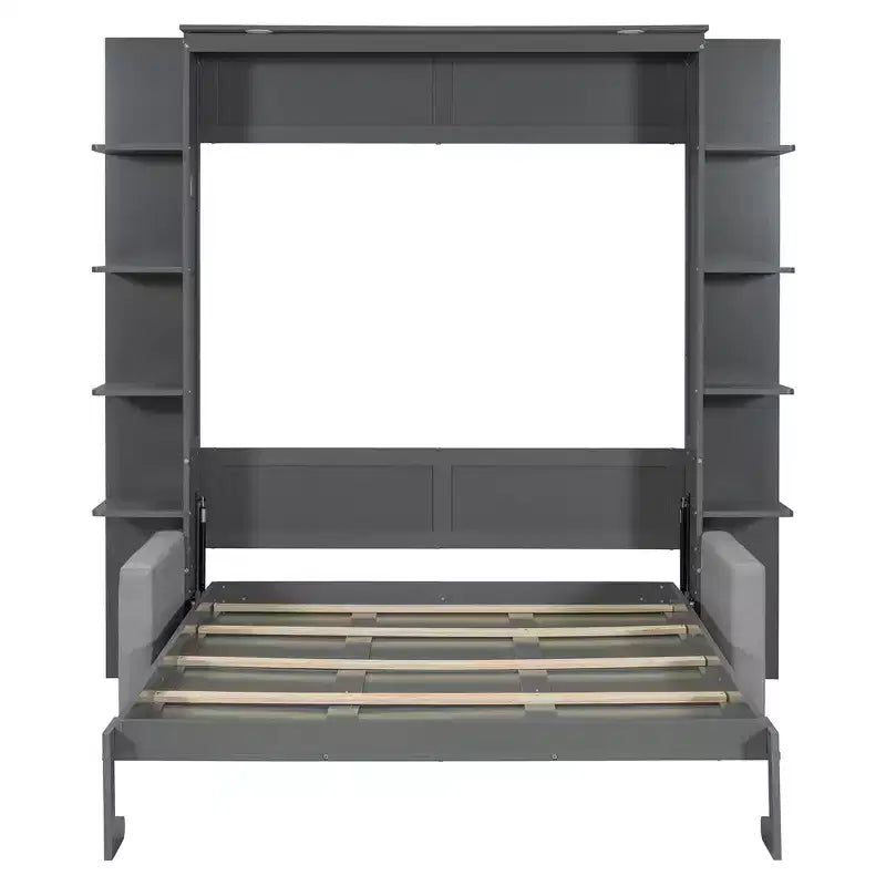 Whisen Modern Design Wood Frame Queen Size Murphy Bed Wall Bed with Sofa and Shelves