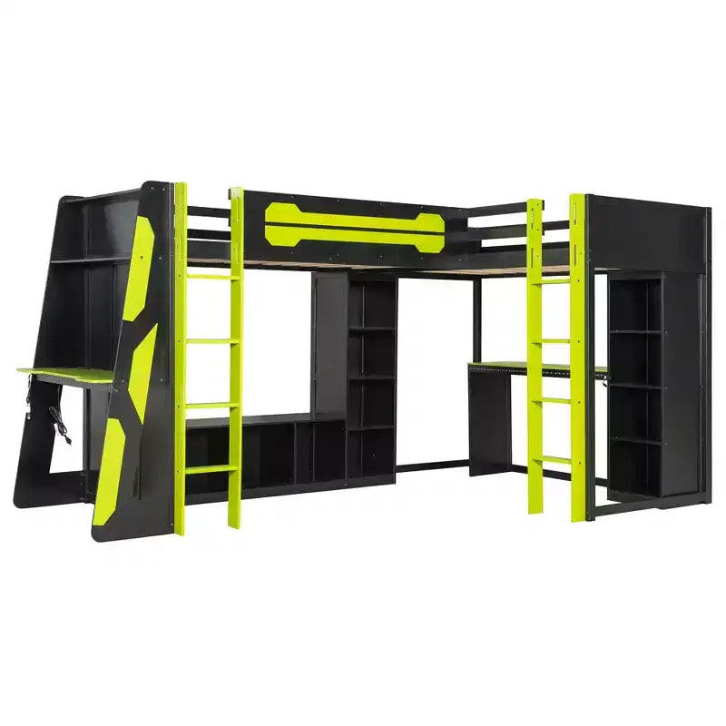 L-Shaped Gaming Loft Bed with Desks, Double Twin Loft Beds with LED Lights, USB Ports, Storage Bookshelves, Wood Corner Loft Bed for 2