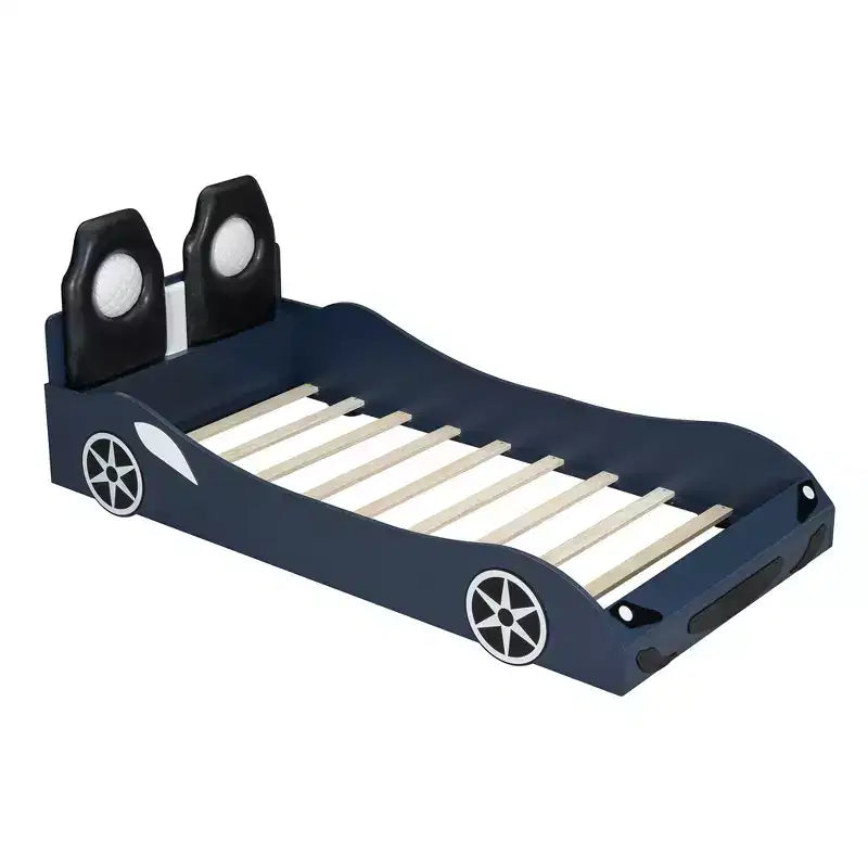 Whisen Wood Twin Size Race Car-Shaped Platform Bed with LED and Upholstered Backrest