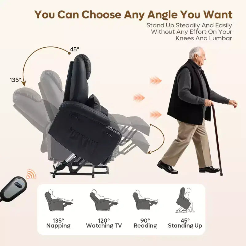 Bestier 34.6'' Electric Power Lift Asist Recliner Chair with Massage and Heat, Fax Leather Reclining Chair with Side Pockets & Cup Holders
