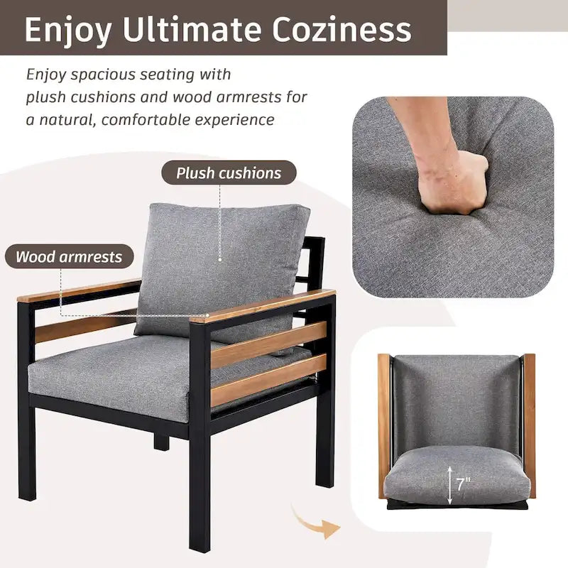 4-Piece Outdoor Sofa Set for 5 with Solid Wood Coffee Table and Removable Cushions