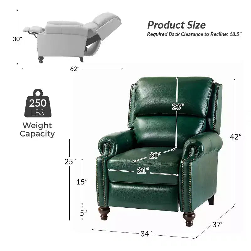 Set of 2 Elisabete Modern Wingback Genuine Leather Recliner with Vintage Nail Head Trim for Living Room and Bedroom| ART OF LIVING DESIGNS