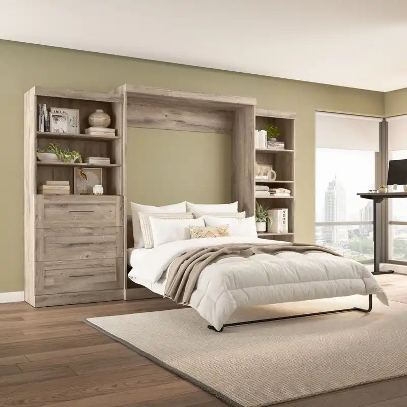 Murphy Bed and Two Shelving Units with Drawers 126-Inch Wall Bed