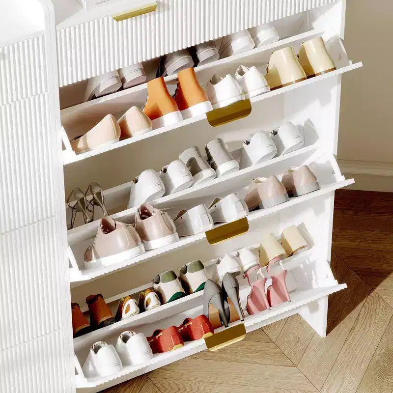 Modern White Shoe Cabinet with 3 Flip Drawers & 2 Small Drawers & Hook, Slim Fluted Shoe Storage Organizer, Narrow Entryway Cabinet