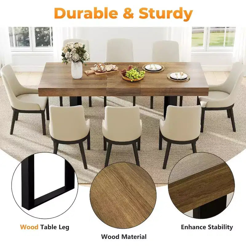 Zevemomo 63-78.7 Expandable Dining Table, 6-10 Rectangular Kitchen Table with Metal Track, Tapered U-Shaped Legs for Dining Room, Office-Brown