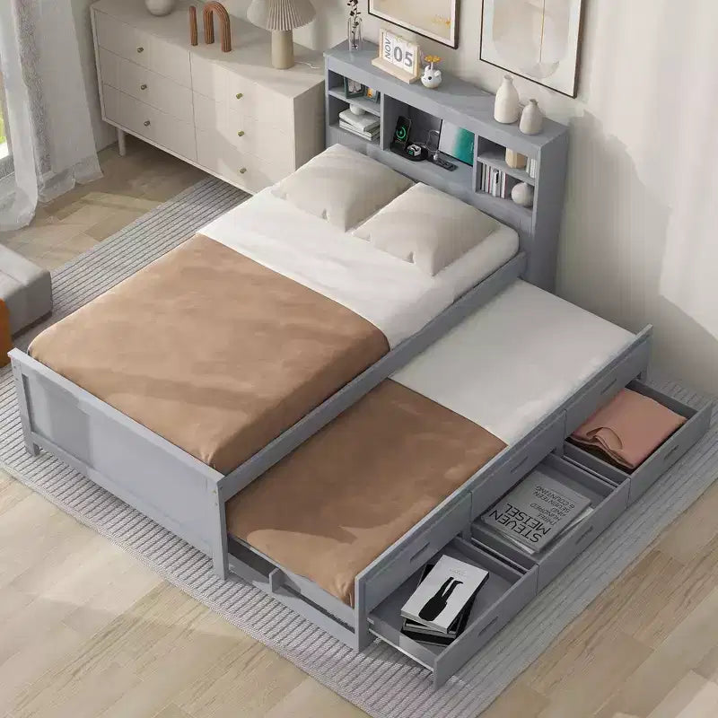 Platform Bed with Trundle and Drawers, Storage Platform Bed with USB, Wood Platform Bed with Bookcase