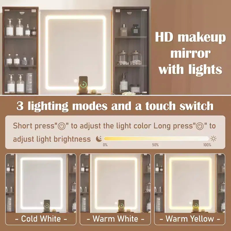 JVNOXK 43.5-inch Modern Vanity Set with Mirror and Light, Featuring Drawers and Clear Glass Cabinet, Includes Stool and Charging Station, Brown