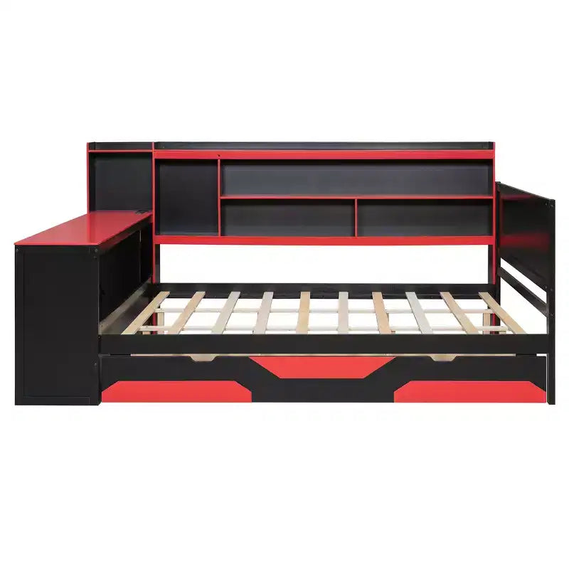 Full/Queen Gaming Daybed with Bookcase Headboard, LED Lights, Integrated Desk, Drawers and Charging Station