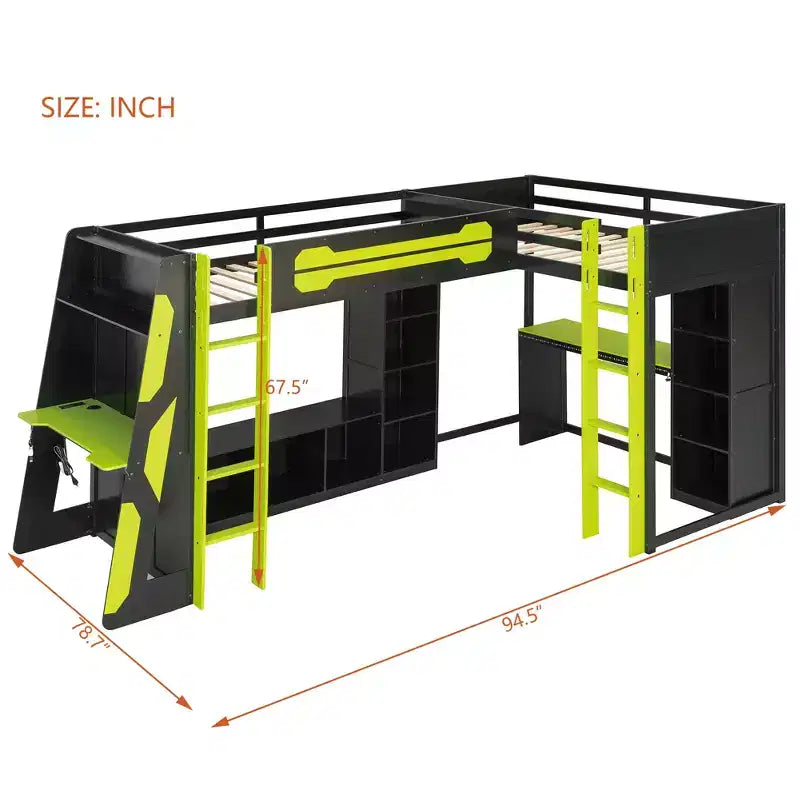 L-Shaped Gaming Loft Bed with Desks, Double Twin Loft Beds with LED Lights, USB Ports, Storage Bookshelves, Wood Corner Loft Bed for 2