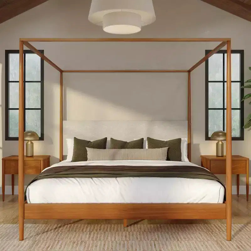 Harbor King Canopy Bed with Upholstered Headboard, Blonde/Swiss Coffee (MD2411-01)