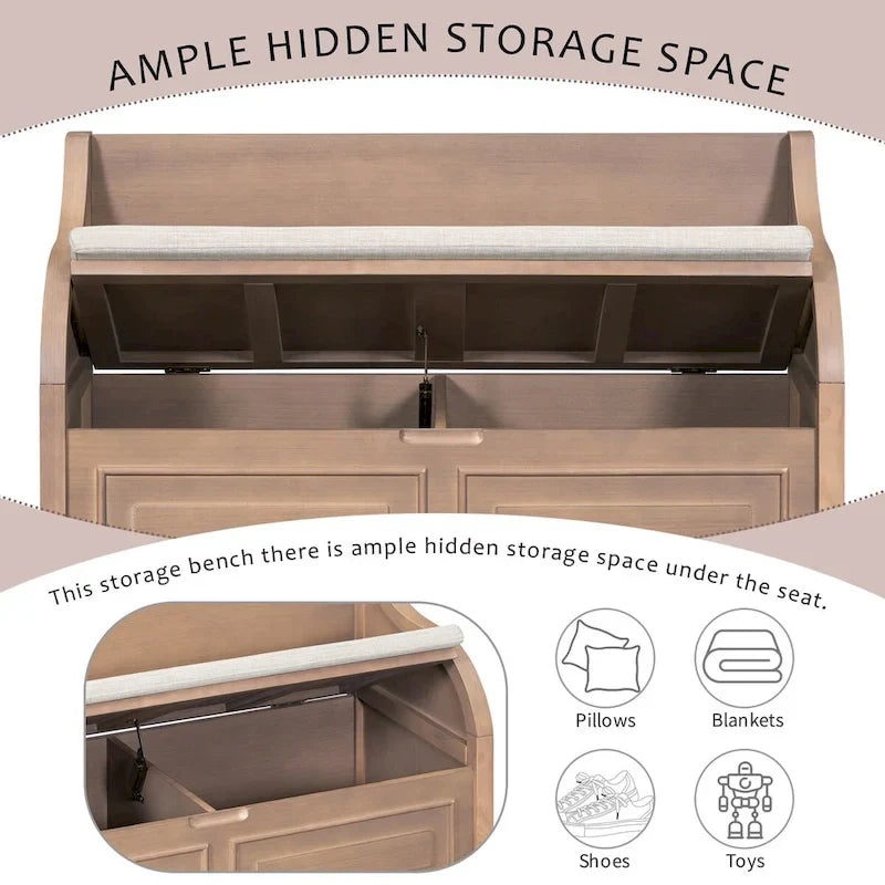 Rustic Solid Wood Entryway Storage Bench with Safety Hinge