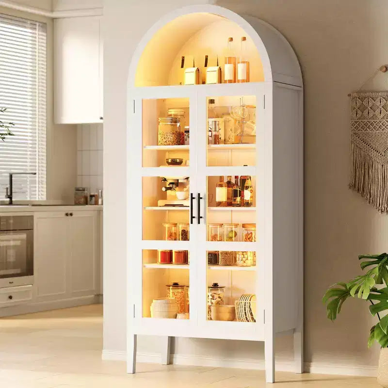 Storage Cabinet, Black/White, Arched Style, Single, 71 Tall with LED Lights & Glass Doors