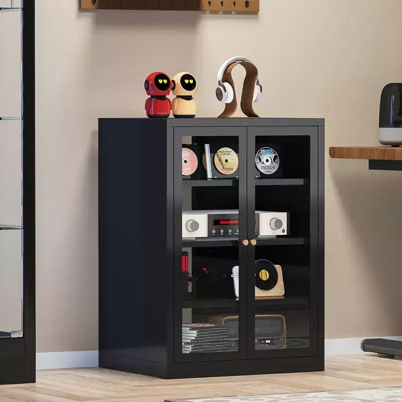 Bekrvio Metal Media Cabinet, 4-Tier Stereo Cabinet with Glass Doors & Adjustable Shelves, Audio AV Rack with Cable Management