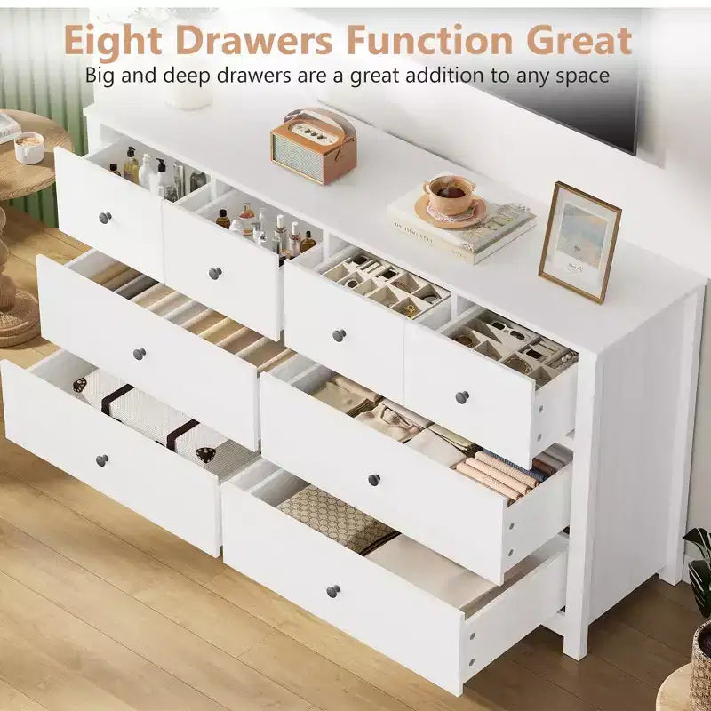 Modern 8-Drawer Dresser for Bedroom, Wide Wood Chest of Drawers with Deep Storage, Freestanding Organizer Cabinet Furniture for Living Room