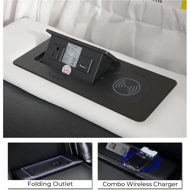 Power Reclining Sofa with Wireless Charger,Reading Light for Living Room,Faux Leather LED Light,AC/USB Port,Cup Holder,Black