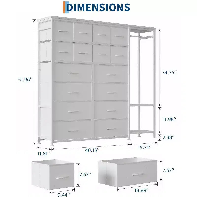 Dresser with 16 Drawers & Hanging Rod & Shelves, Fabric Storage Organizer for Bedroom, Closet, or Entryway