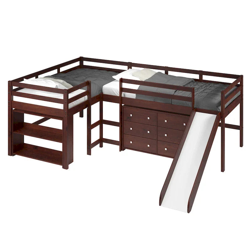 Ensemble de chambre mezzanine en L Double Twin avec toboggan, finition cappuccino foncé