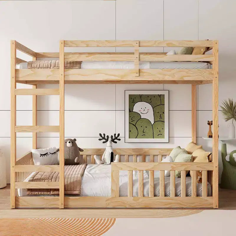 Full over Full Wooden Bunk Bed with Ladder and Guardrails, Low Floor Full Size Bunk Beds with Slats Support