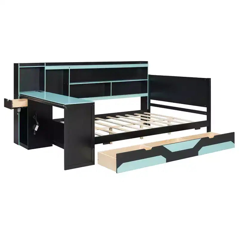 Gamer Hub Daybed with Desk, RGB Lights, Charging Station, Storage Drawers & Bookcase Headboard