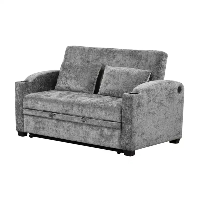 61.6 Modern Chenille Convertible Sofa Bed with USB Ports, Cup Holders & Adjustable Backrest for Living Room, Apartment
