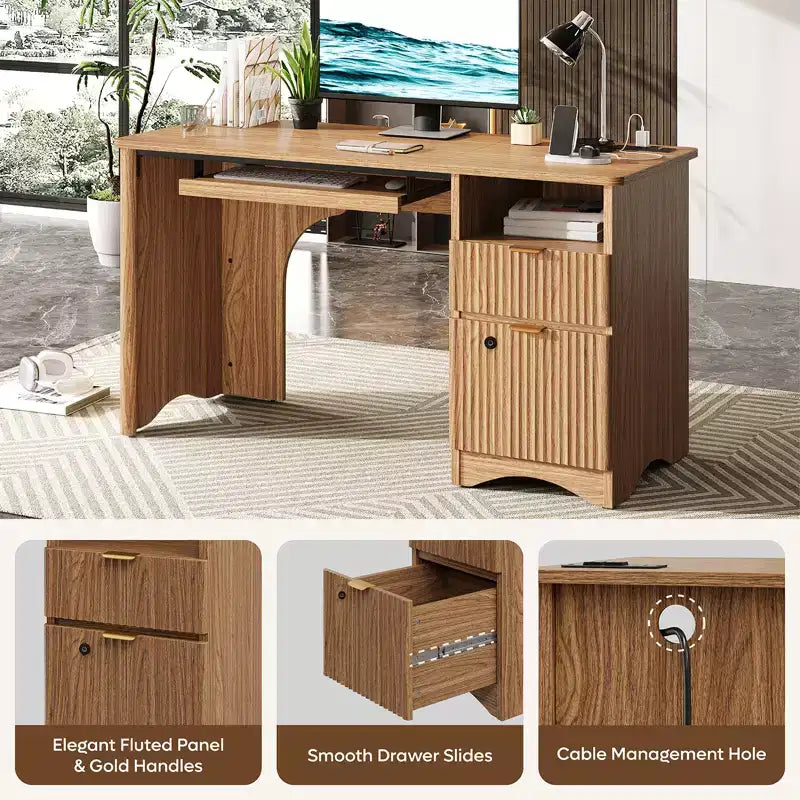 Bestier 55 Smart Computer Desk, Oak Writing Desk with File Drawers and Power Outlet, Executive Office Desk with Open Storage and Keyboard Tray
