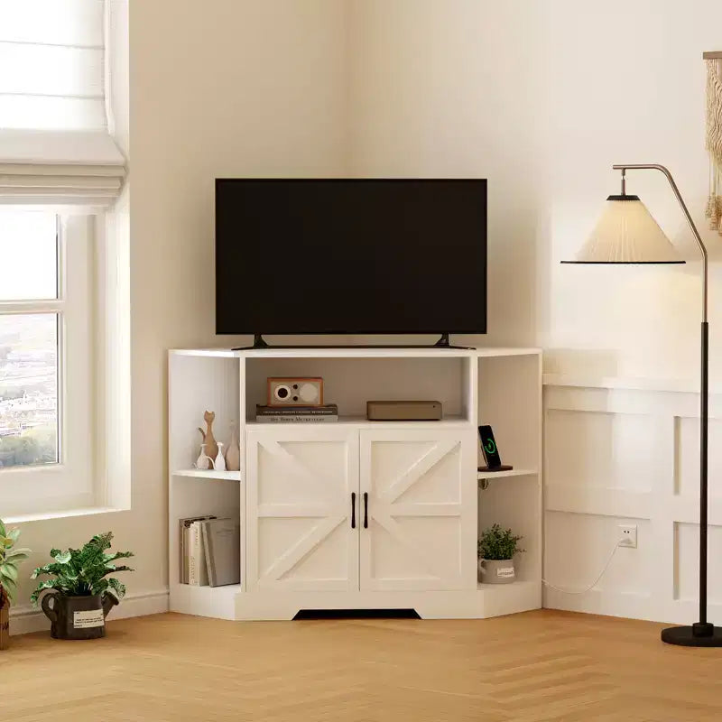 Corner TV Stand for TVs up to 55  Farmhouse Barn Door Media Console with Open Shelves & Storage Cabinet, White