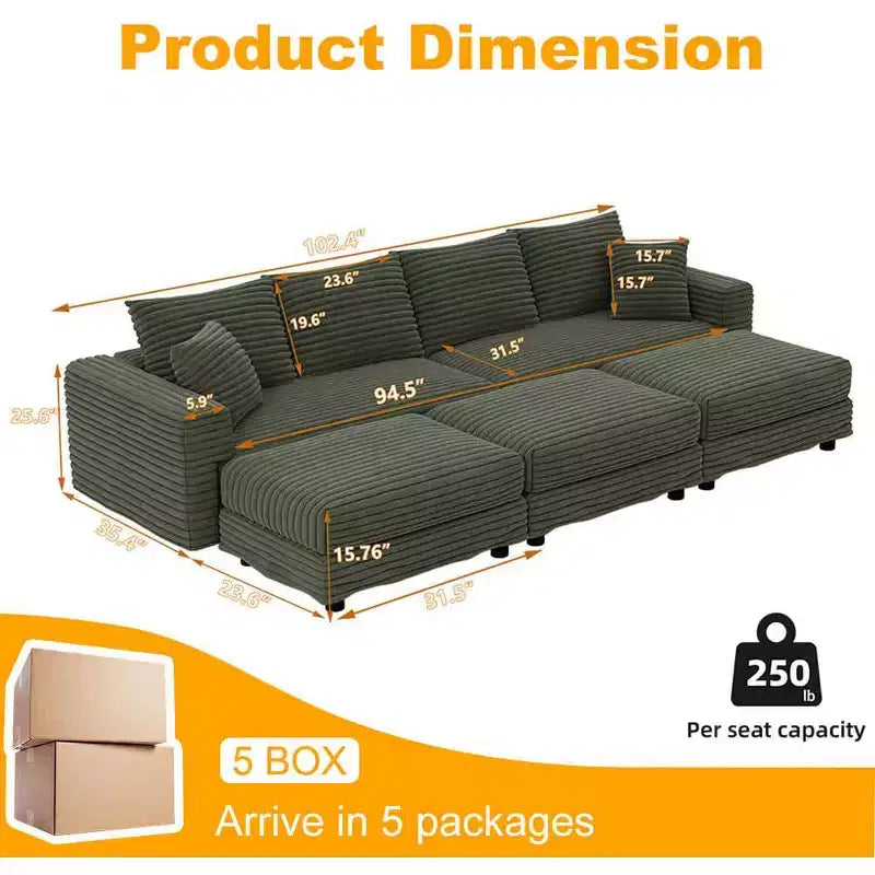 102.4 Plush Corduroy 4-Seat Convertible Sofa with Ottomans - Green